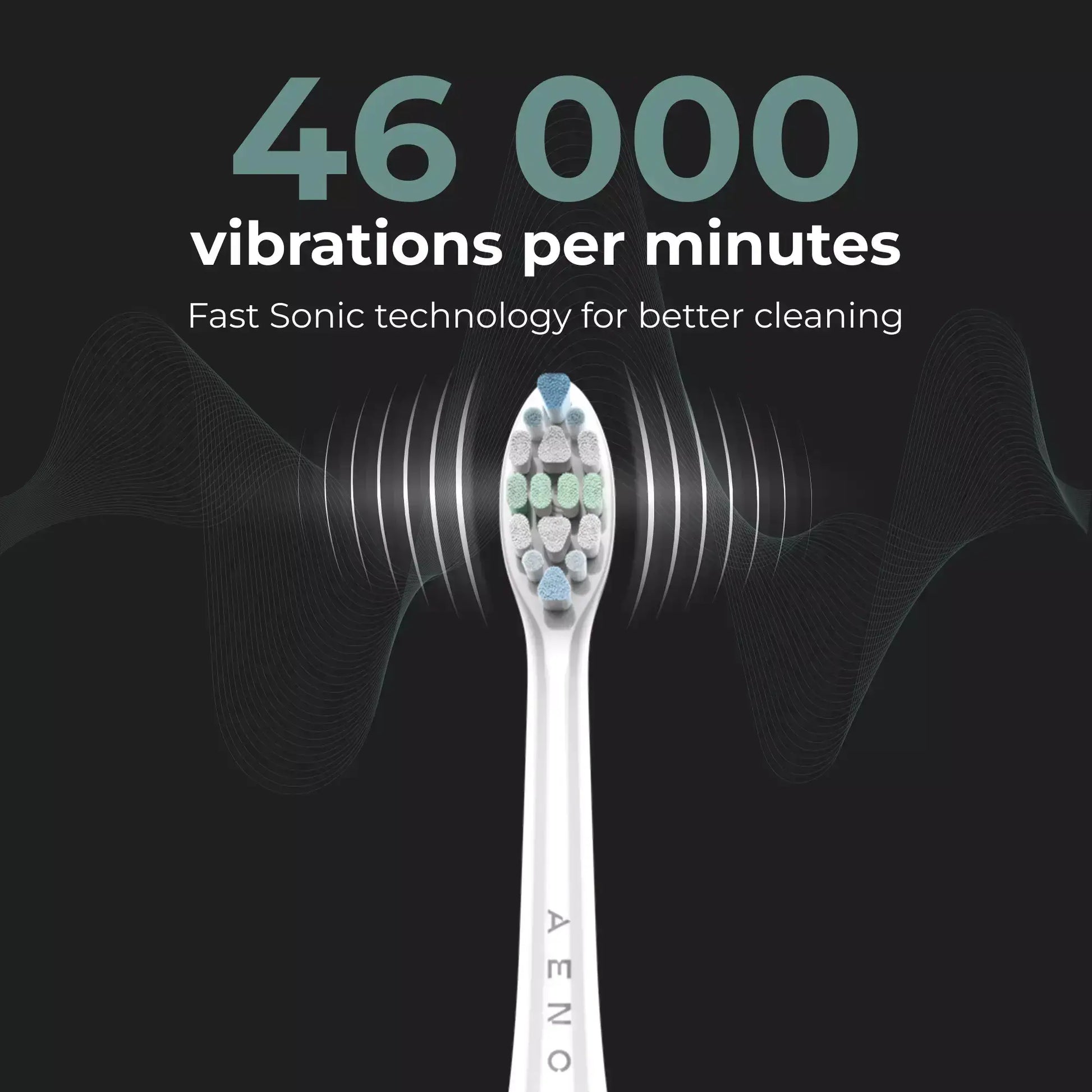 Aeno toothbrush with sonic wave illustration and text about vibrations on a black background