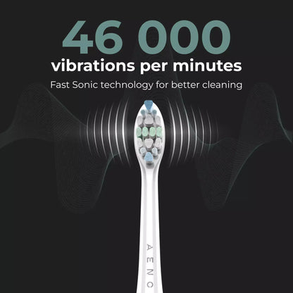 Aeno toothbrush with sonic wave illustration and text about vibrations on a black background