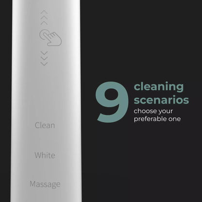 Aeno DB3 toothbrush cleaning modes labeled on a black background
