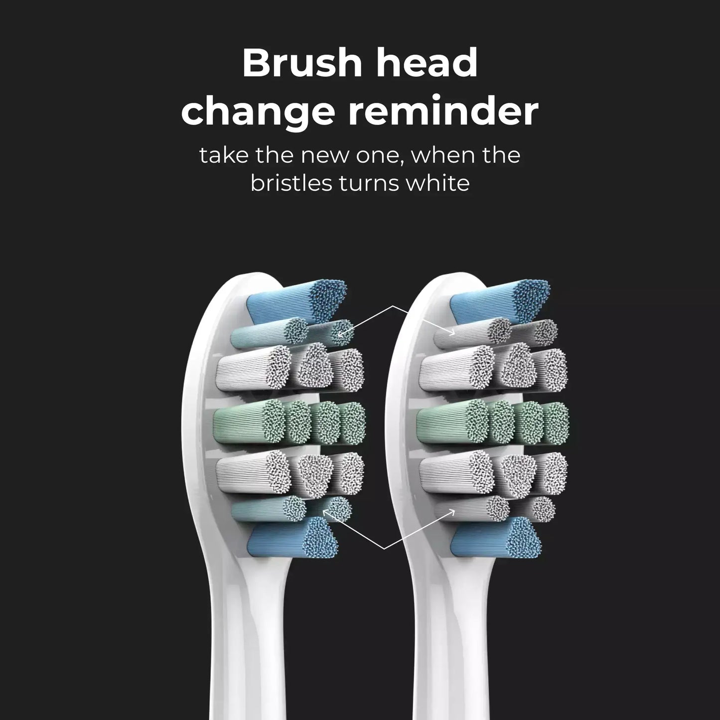 Two toothbrush heads with labeled brush bristle wear stages on a black background