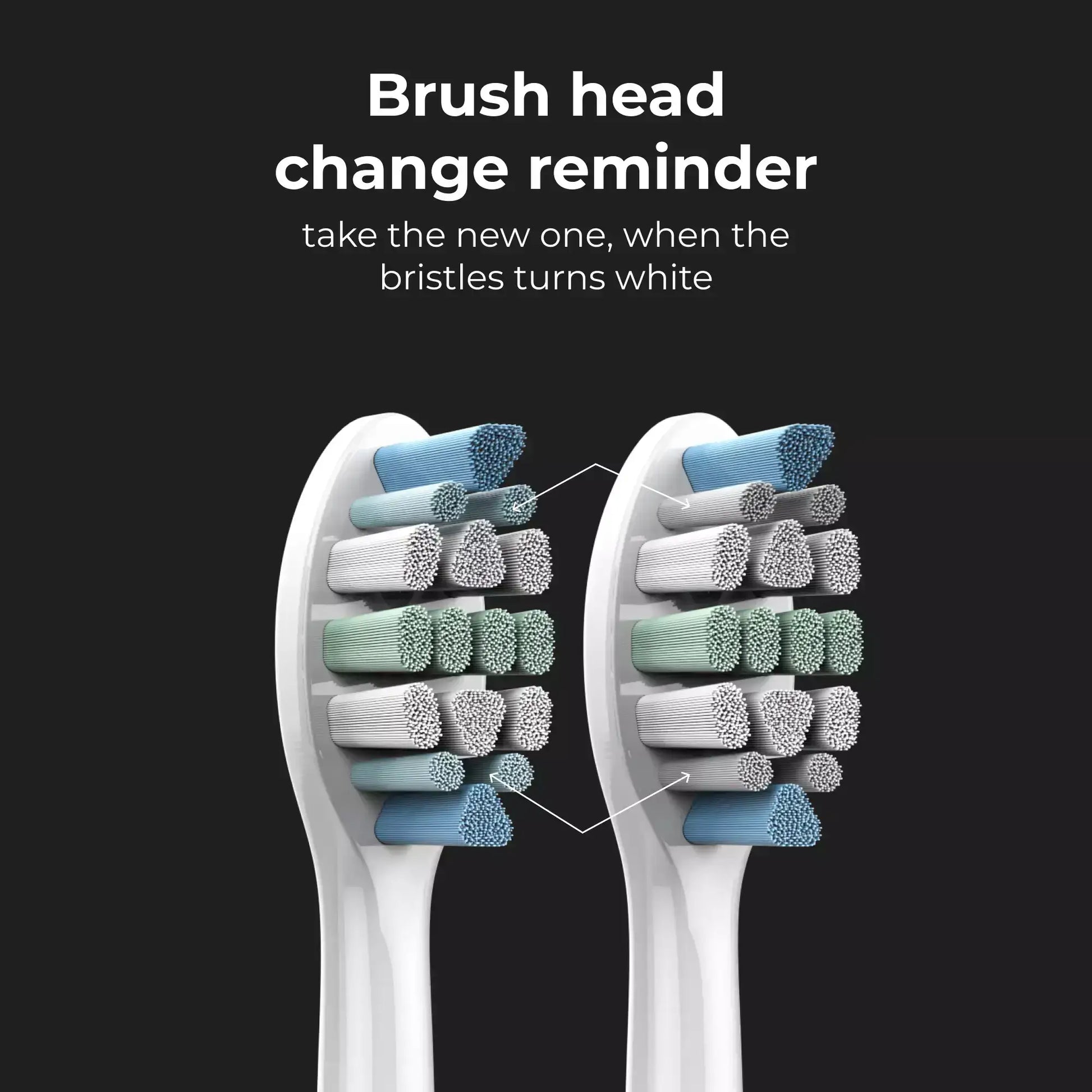 Two toothbrush heads with labeled brush bristle wear stages on a black background