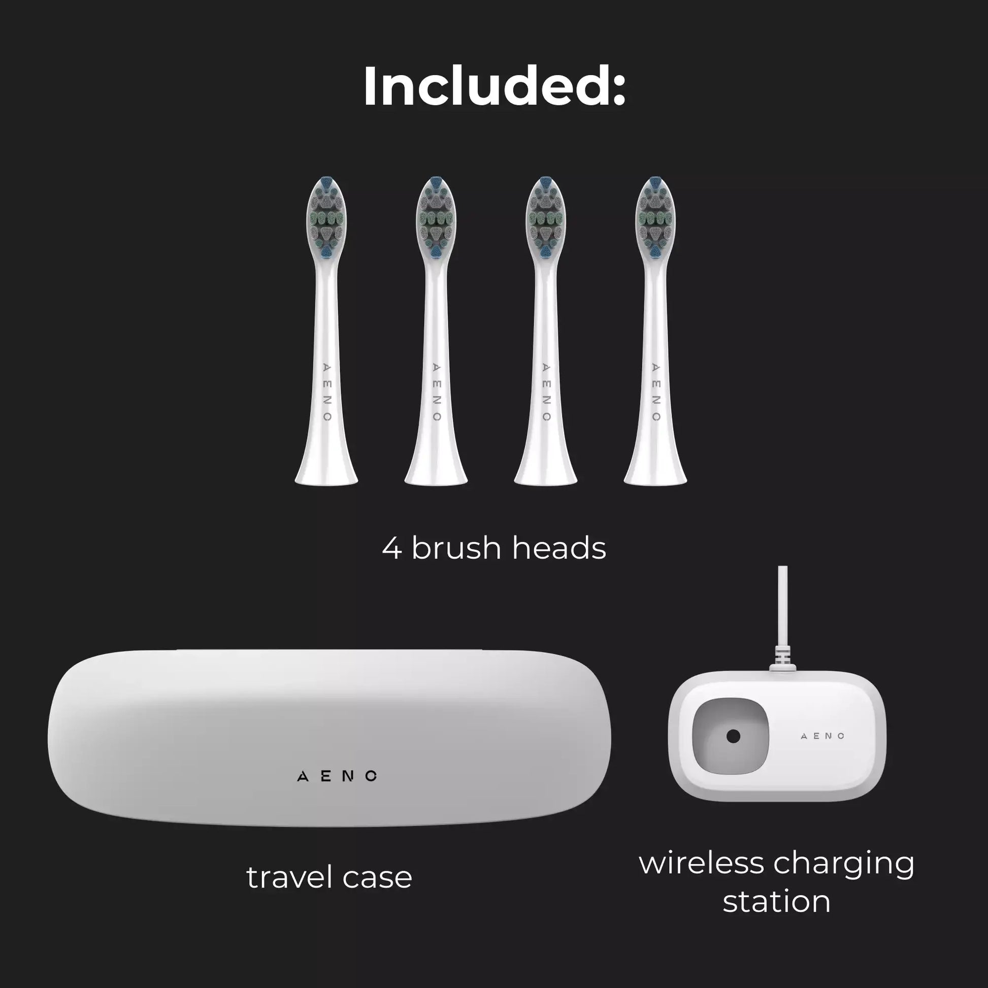 Aeno DB3 toothbrush set with four brush heads, travel case, and wireless charging station on a black background.