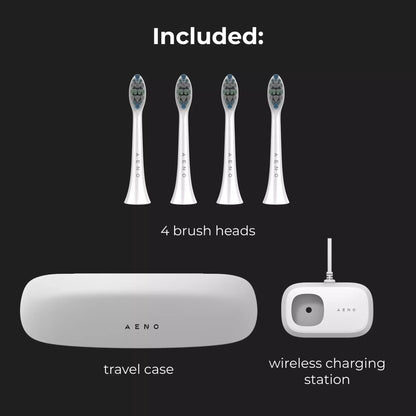Aeno DB3 toothbrush set with four brush heads, travel case, and wireless charging station on a black background.