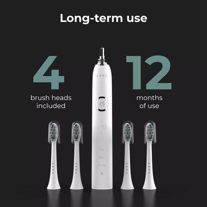 Electric toothbrush with four brush heads and text indicating long-term use on a black background