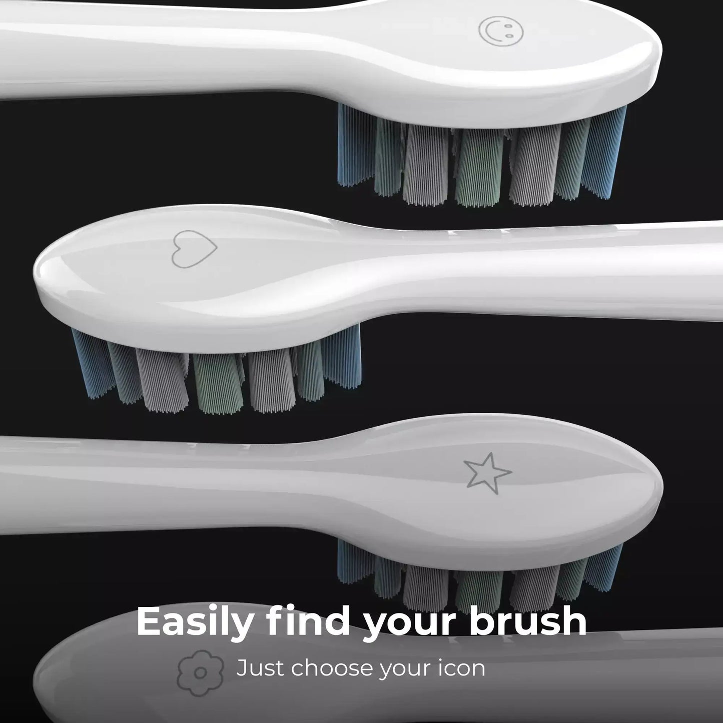 Three white toothbrushes with different bristle patterns on a black background