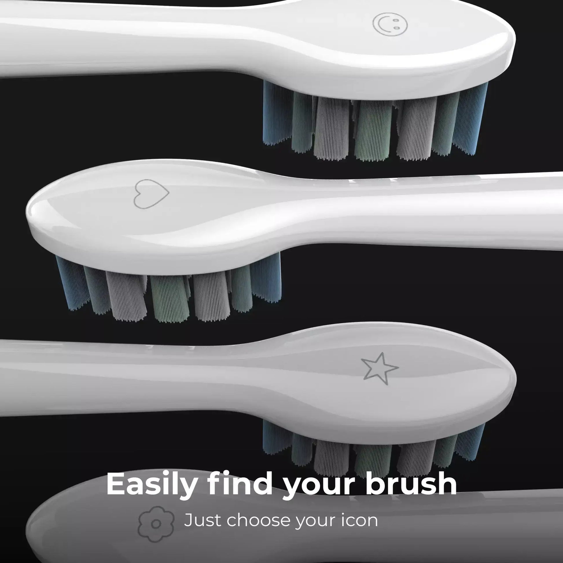 Three white toothbrushes with different bristle patterns on a black background