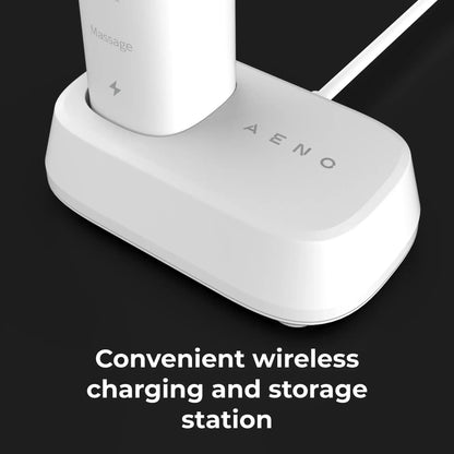 White wireless charging and storage station with 'AENO' branding on a black background.