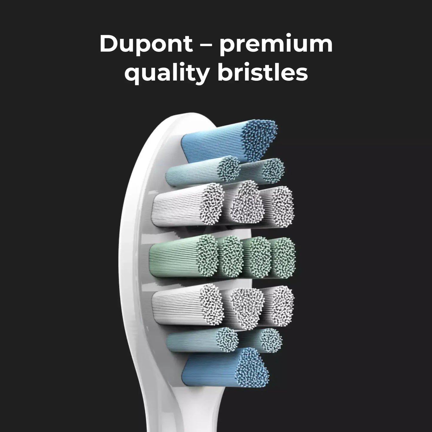 Electric toothbrush head with Dupont premium quality bristles on a black background