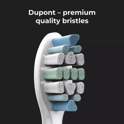 Electric toothbrush head with Dupont premium quality bristles on a black background