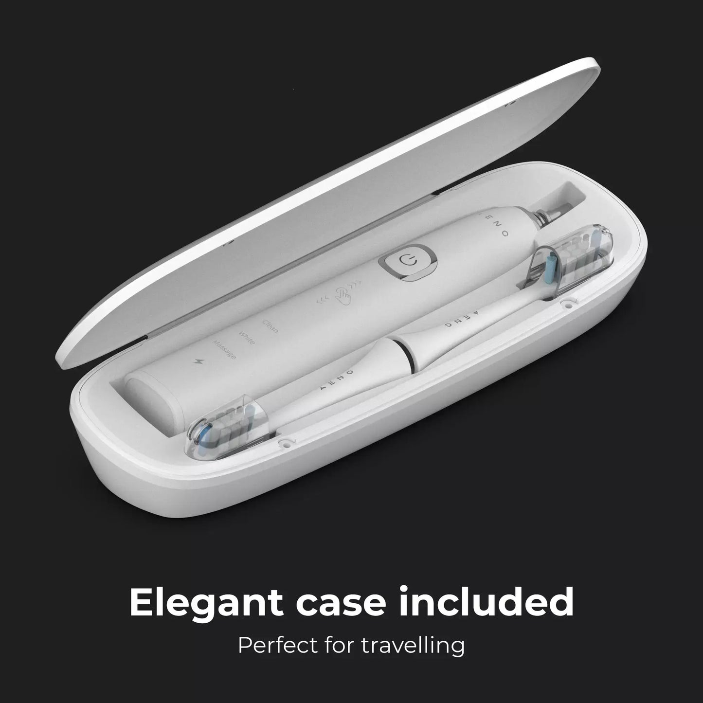 White Aeno DB3 electric toothbrush in an open case on a black background with text 'Elegant case included. Perfect for travelling'.