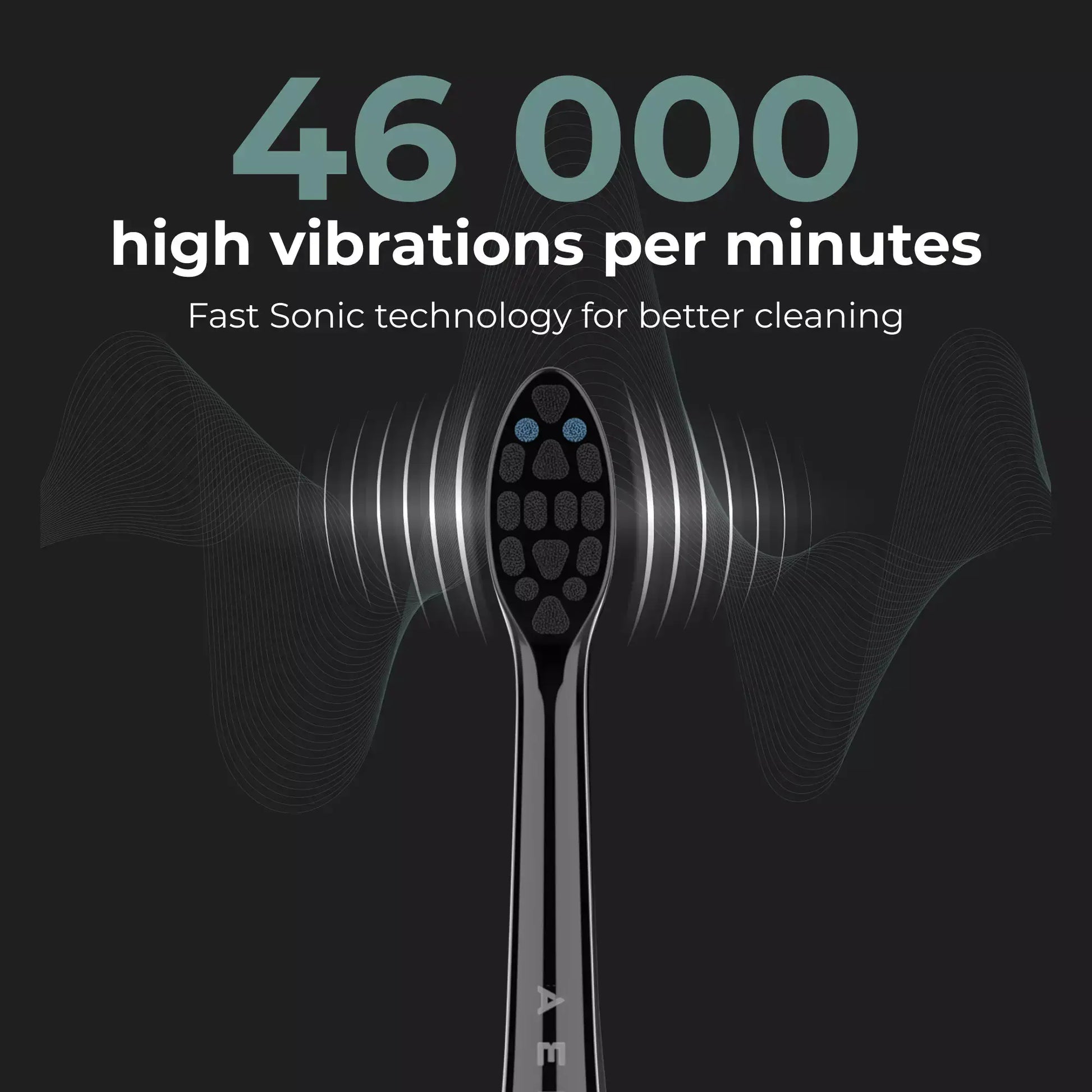 Aeno Sonic toothbrush with text highlighting high vibrations and fast sonic technology on a dark background