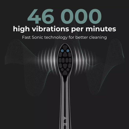 Aeno Sonic toothbrush with text highlighting high vibrations and fast sonic technology on a dark background