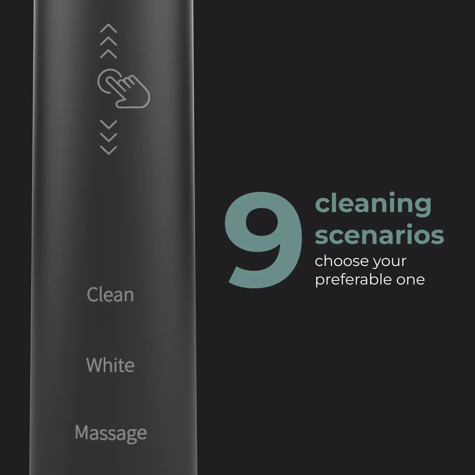 Aeno DB4 Sonic Toothbrush with cleaning scenarios labeled on a dark background