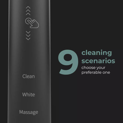 Aeno DB4 Sonic Toothbrush with cleaning scenarios labeled on a dark background