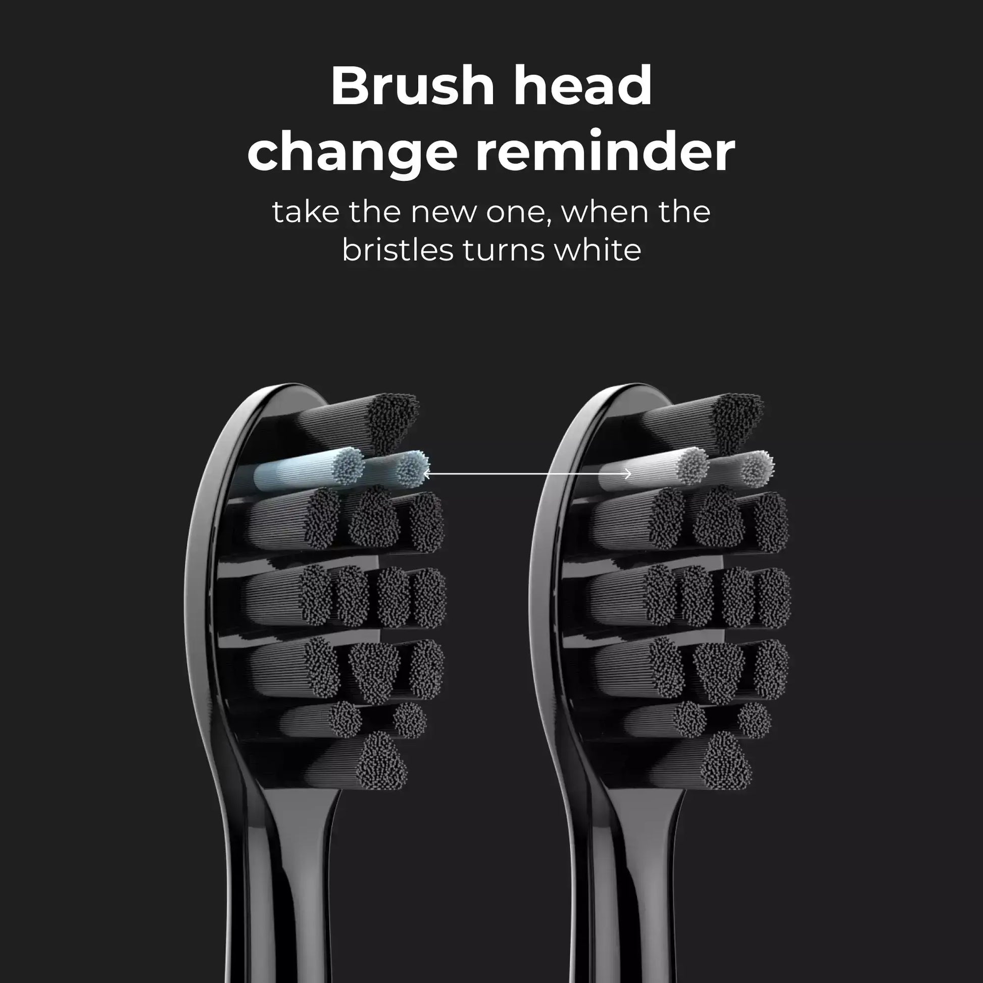 Two electric toothbrush heads with text about brush head change reminder on a black background