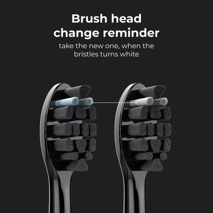 Two electric toothbrush heads with text about brush head change reminder on a black background