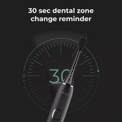 Electric toothbrush with digital display and '30 sec dental zone change reminder' text on a black background.