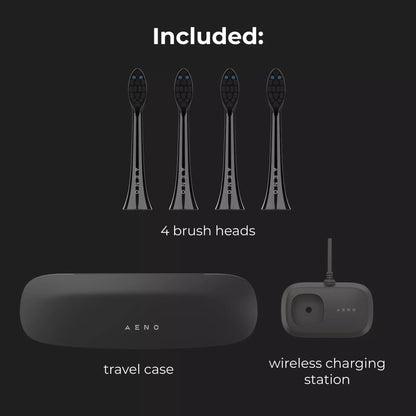 Aeno DB4 toothbrush set with four brush heads, travel case, and wireless charging station on a black background.