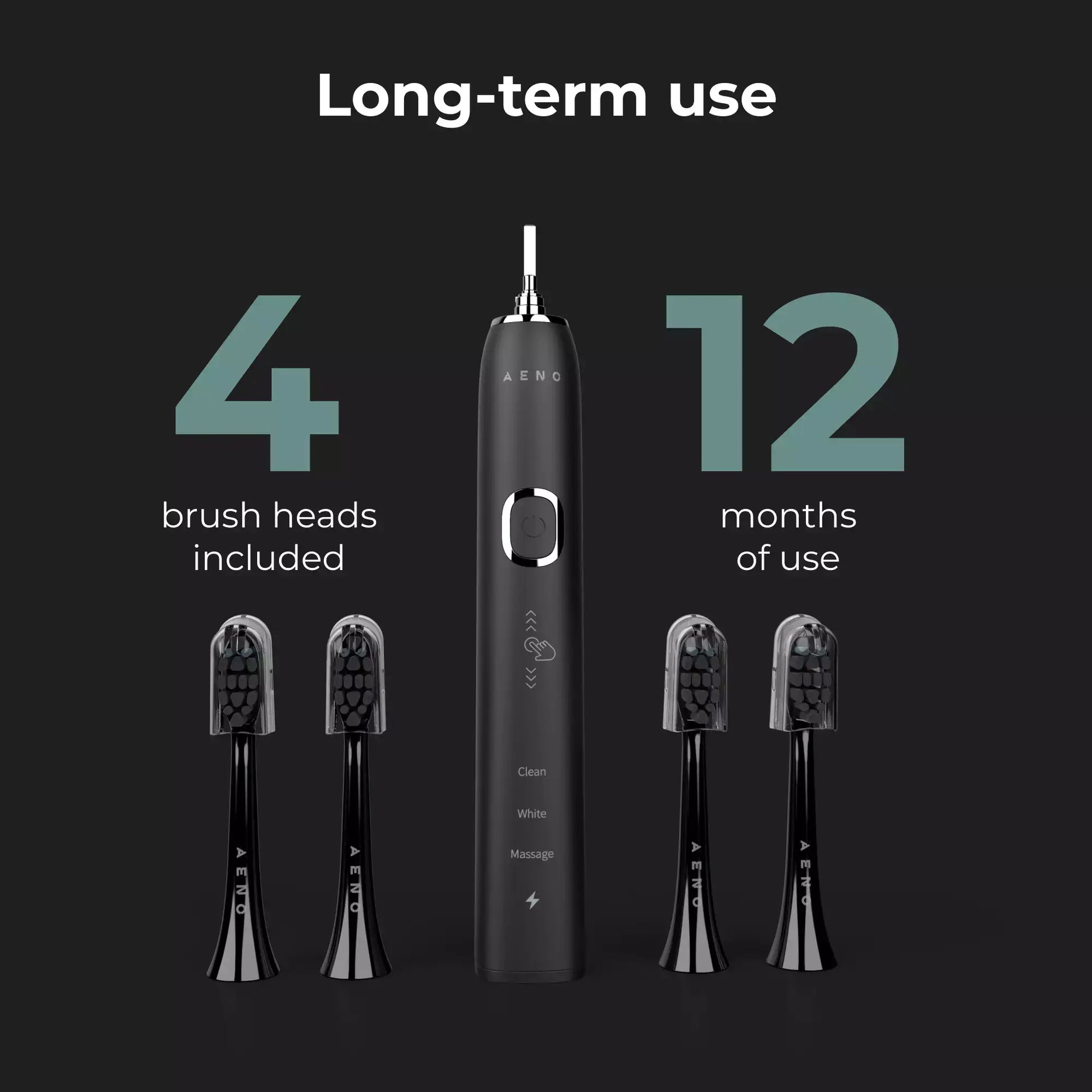 Electric toothbrush with four brush heads and text indicating long-term use on a black background