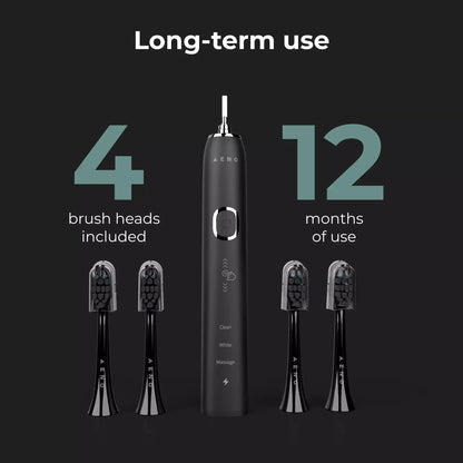 Electric toothbrush with four brush heads and text indicating long-term use on a black background