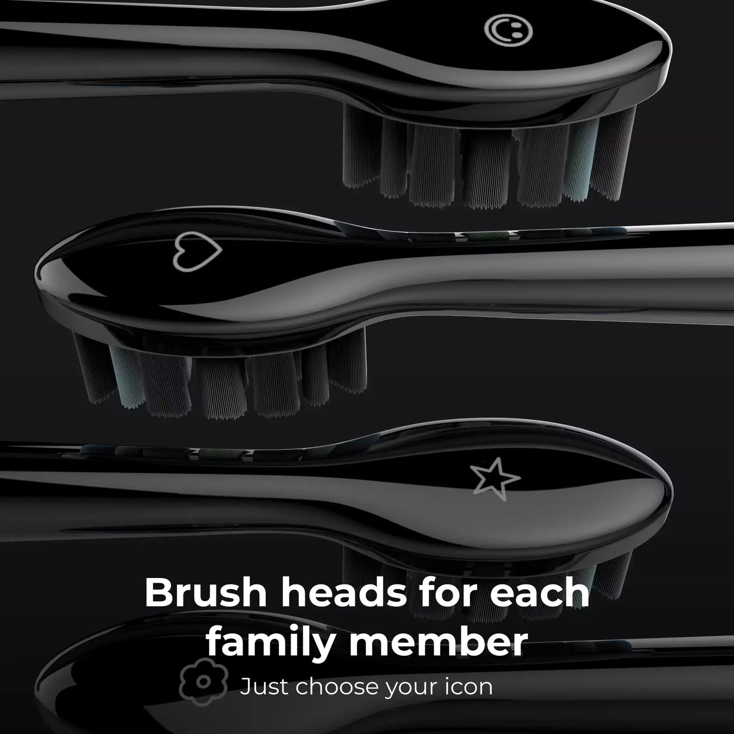Black electric toothbrush heads with customizable icons on a black background