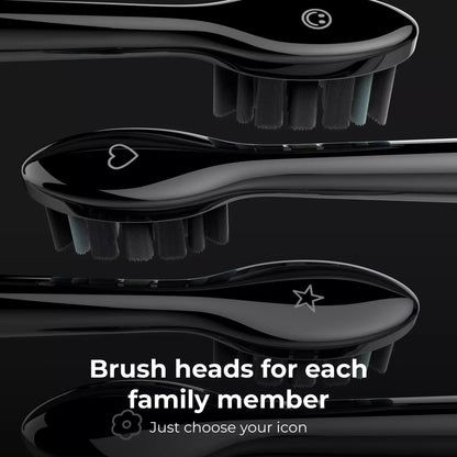 Black electric toothbrush heads with customizable icons on a black background