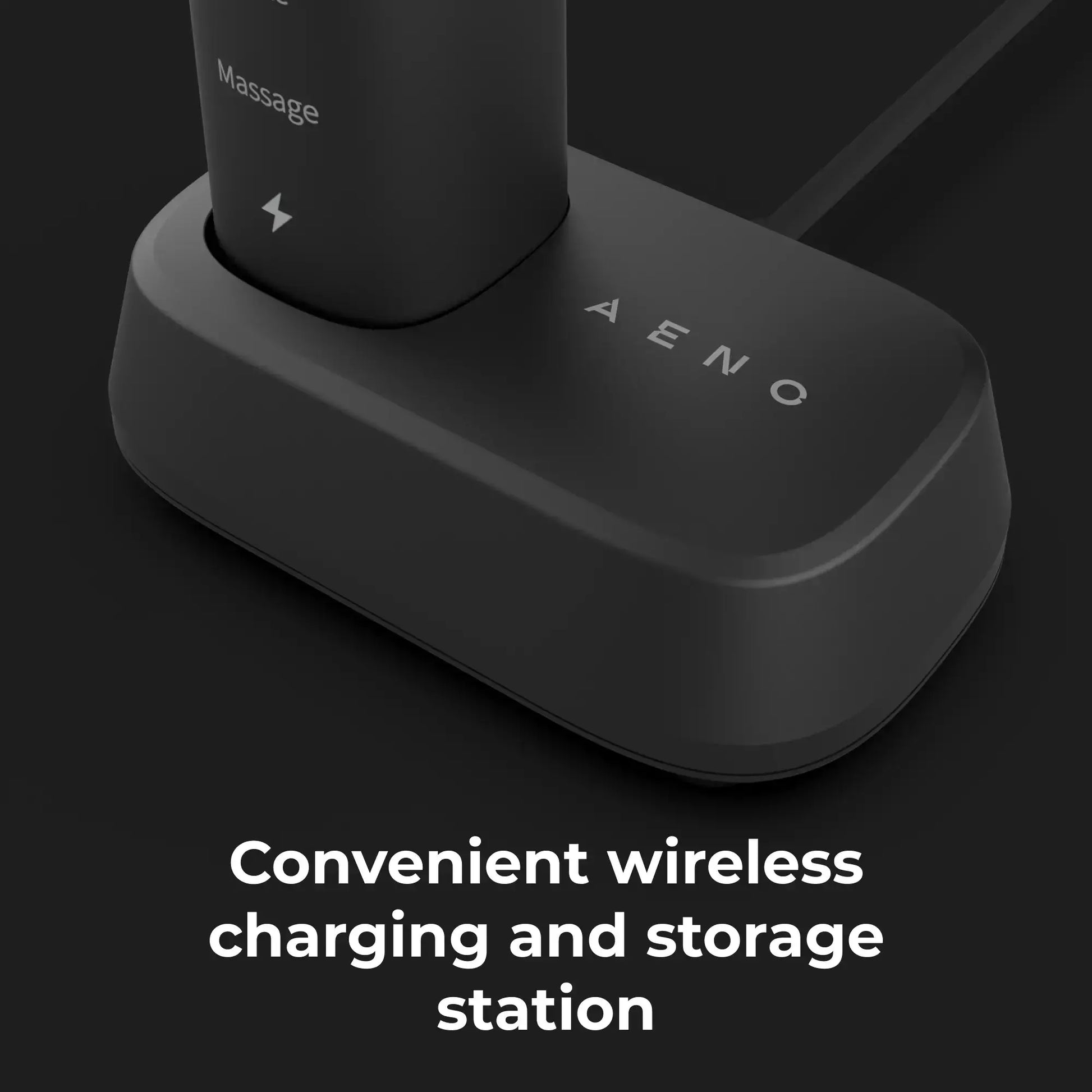 Black wireless charging and storage station with 'AENO' branding on a dark background.
