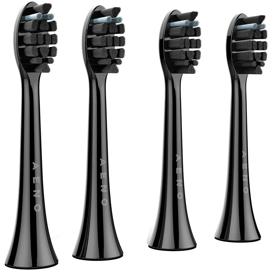 Four black Aeno toothbrush heads for the Aeno DB4 Sonic Electric Toothbrush on a white background