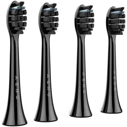 Four black Aeno toothbrush heads for the Aeno DB4 Sonic Electric Toothbrush on a white background