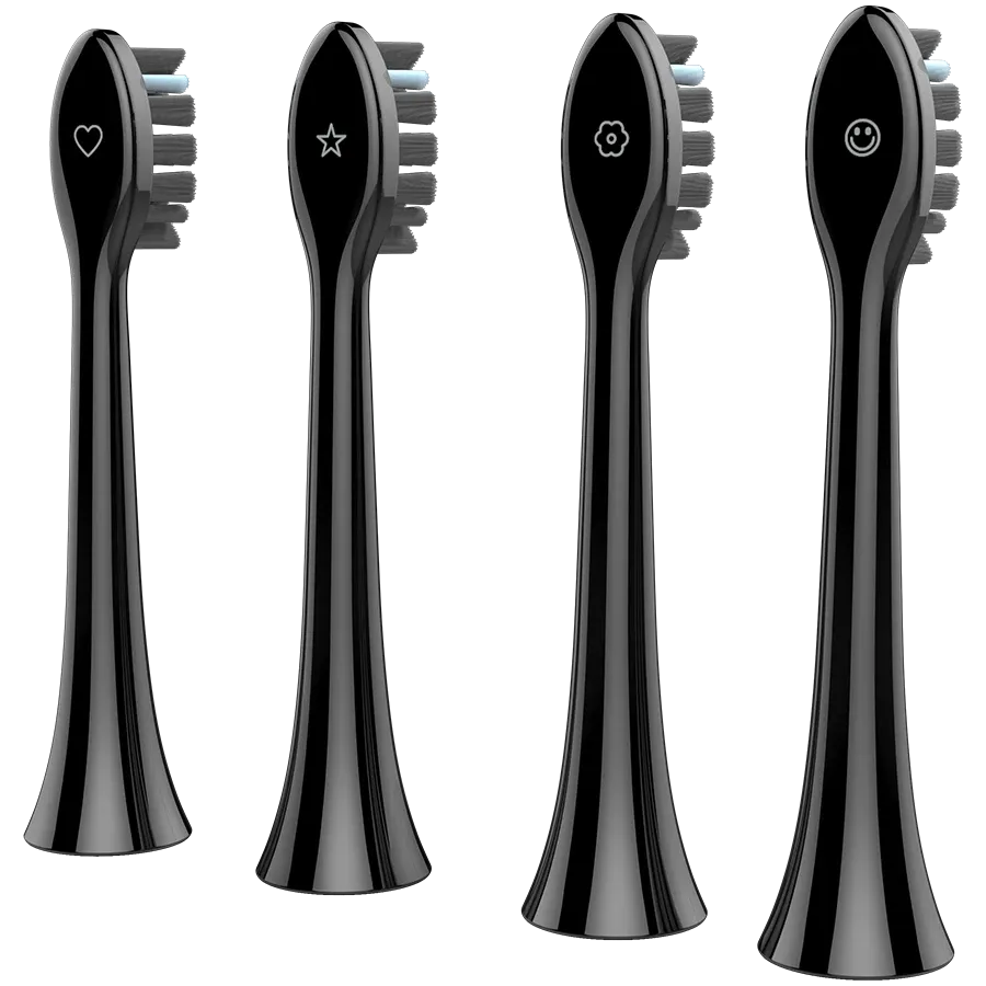 Rear view of Four black toothbrush heads with different designs for the Aeno DB4 Sonic Electric Toothbrush on a white background