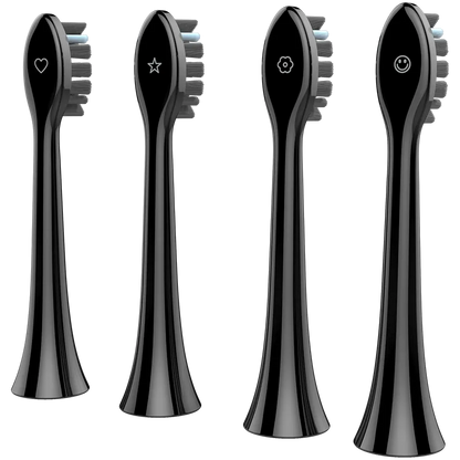 Rear view of Four black toothbrush heads with different designs for the Aeno DB4 Sonic Electric Toothbrush on a white background