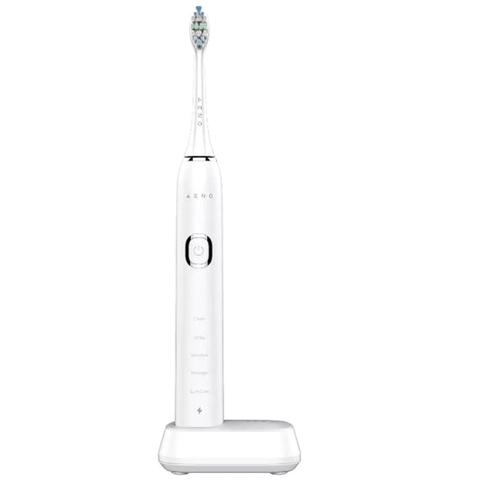 Front view of the White Aeno DB5 Sonic electric toothbrush on a white background