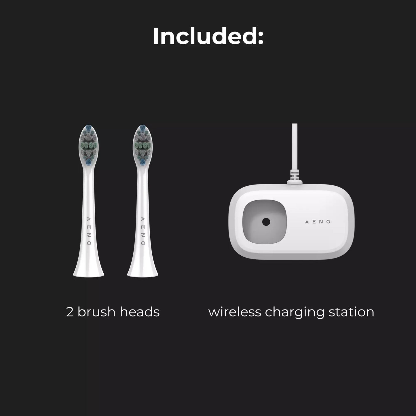 Aeno DB5 electric toothbrush set with two brush heads and a wireless charging station on a black background.