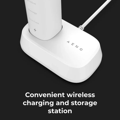 White wireless charging and storage station with 'Aeno' branding on a black background.