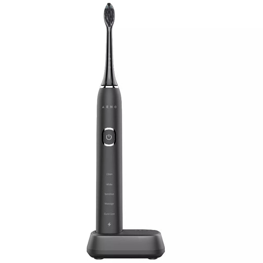 Front view of the Black Aeno DB6 Sonic electric toothbrush on a white background