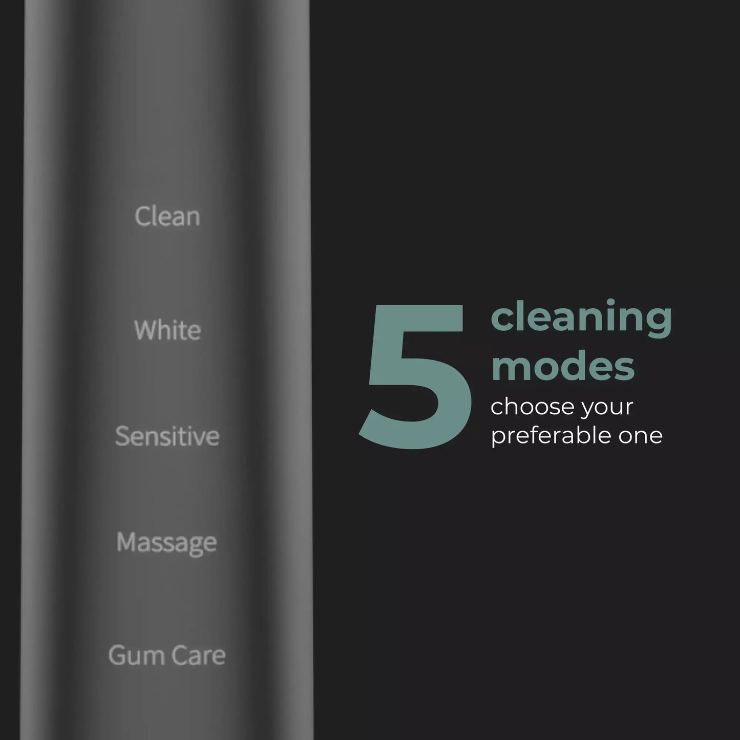 Handle of the Aeno DB6 Electric toothbrush showing the cleaning modes labeled on a dark background