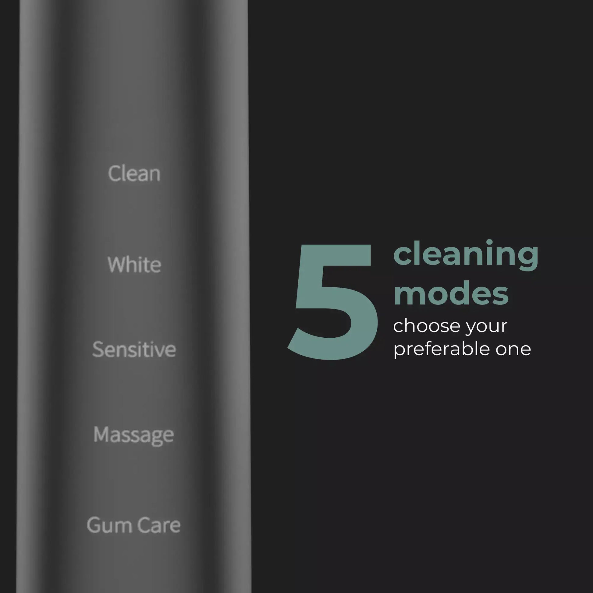 Handle of the Aeno DB6 Electric toothbrush showing the cleaning modes labeled on a dark background