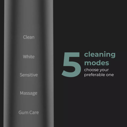 Handle of the Aeno DB6 Electric toothbrush showing the cleaning modes labeled on a dark background
