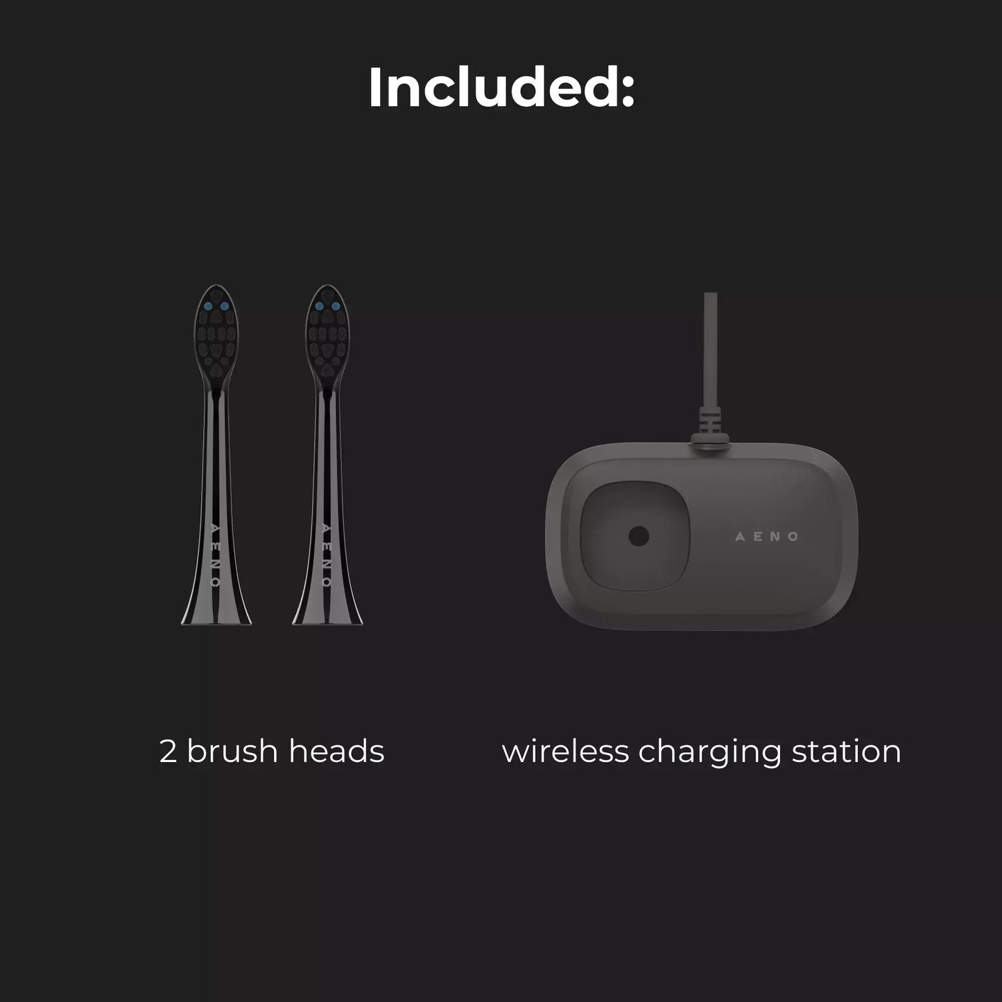 Two black toothbrushes and a wireless charging station on a black background with text indicating included items.