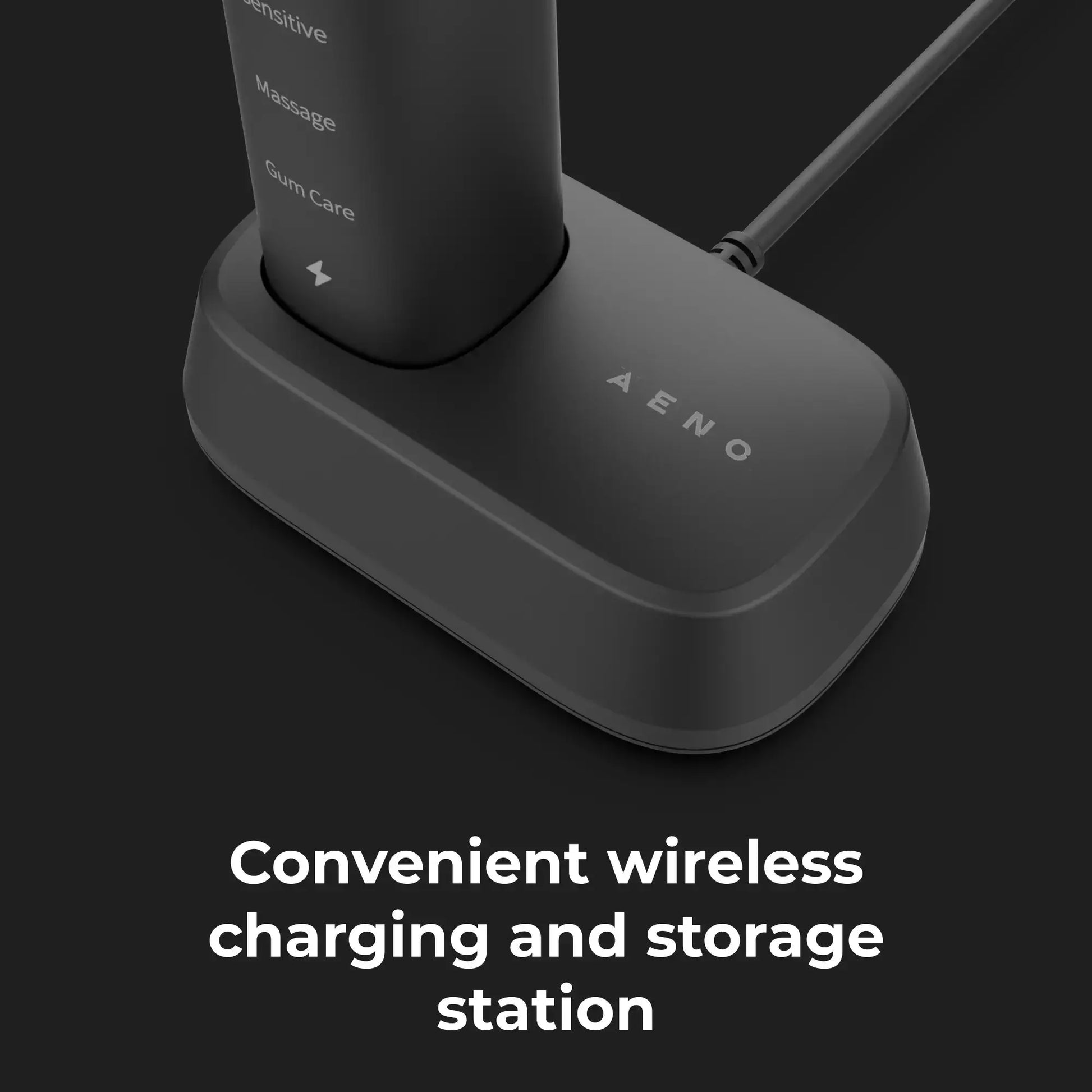 Black charging station with 'AENO' branding on a dark background