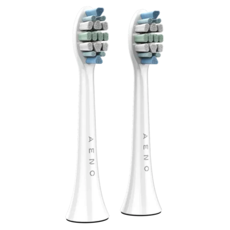 Two White Aeno toothbrush heads for the DB3 / DB4 / DB5 and DB6 Electric Toothbrushes on a white background