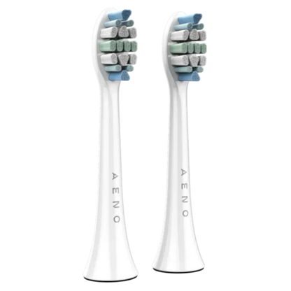 Two White Aeno toothbrush heads for the DB3 / DB4 / DB5 and DB6 Electric Toothbrushes on a white background