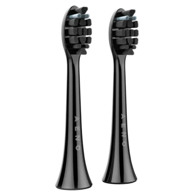 Two black Aeno toothbrush heads for the Aeno DB3 / DB4 / DB5 and DB6 Electric Toothbrushes on a white background