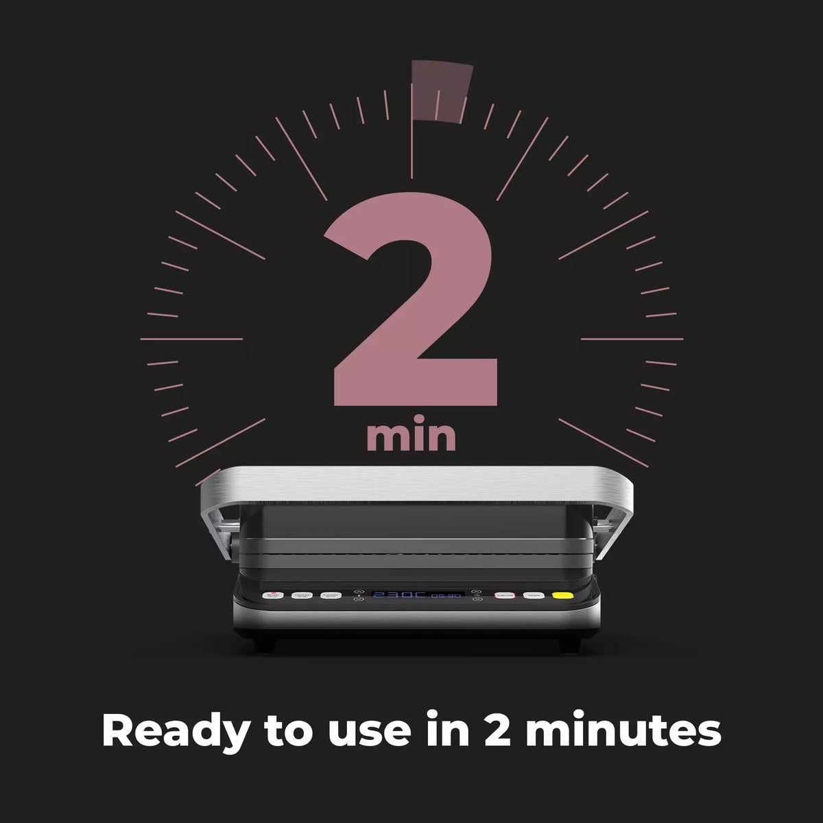 Aeno EG1 Electric Grill with a timer graphic and text 'Ready to use in 2 minutes' on a black background