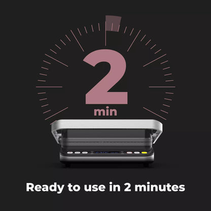 Aeno EG1 Electric Grill with a timer graphic and text 'Ready to use in 2 minutes' on a black background