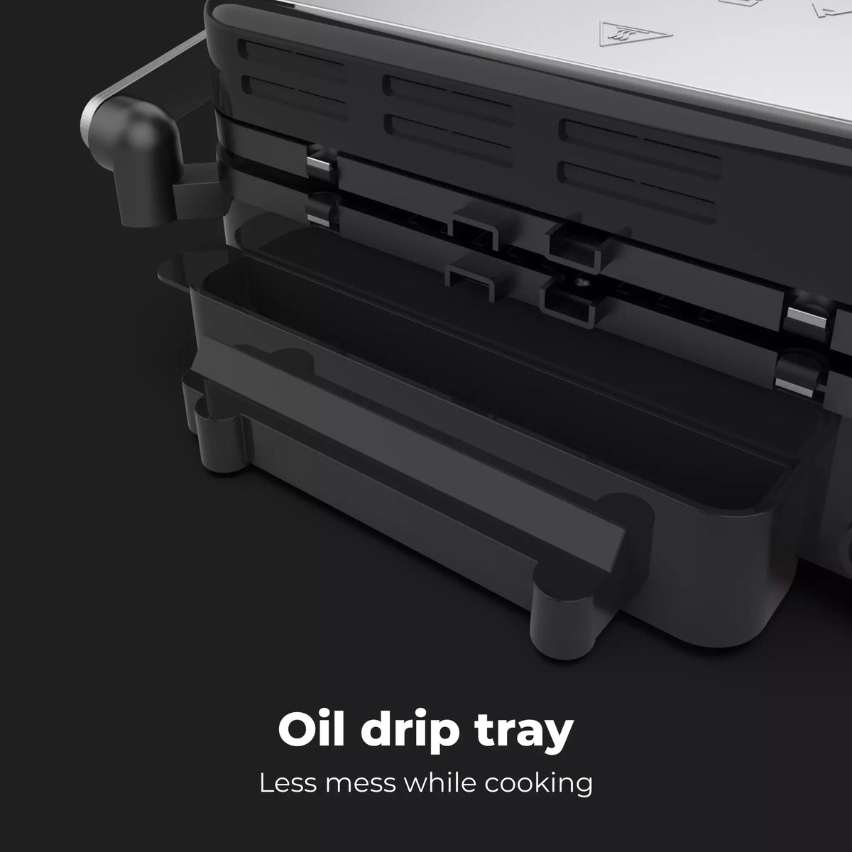 Aeno EG1 Electric Grill oil drip tray with text 'Oil drip tray Less mess while cooking' on a dark background