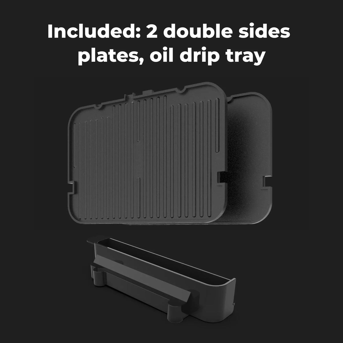 Aeno EG1 Accessories such as a black double-sided plate and oil drip tray on a black background with text indicating included items.