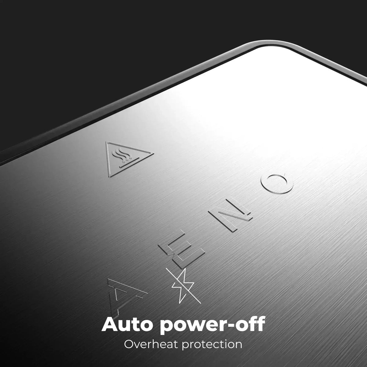 Close-up of the Aeno EG1 Electric Grill lid with text about auto power-off and overheating protection.