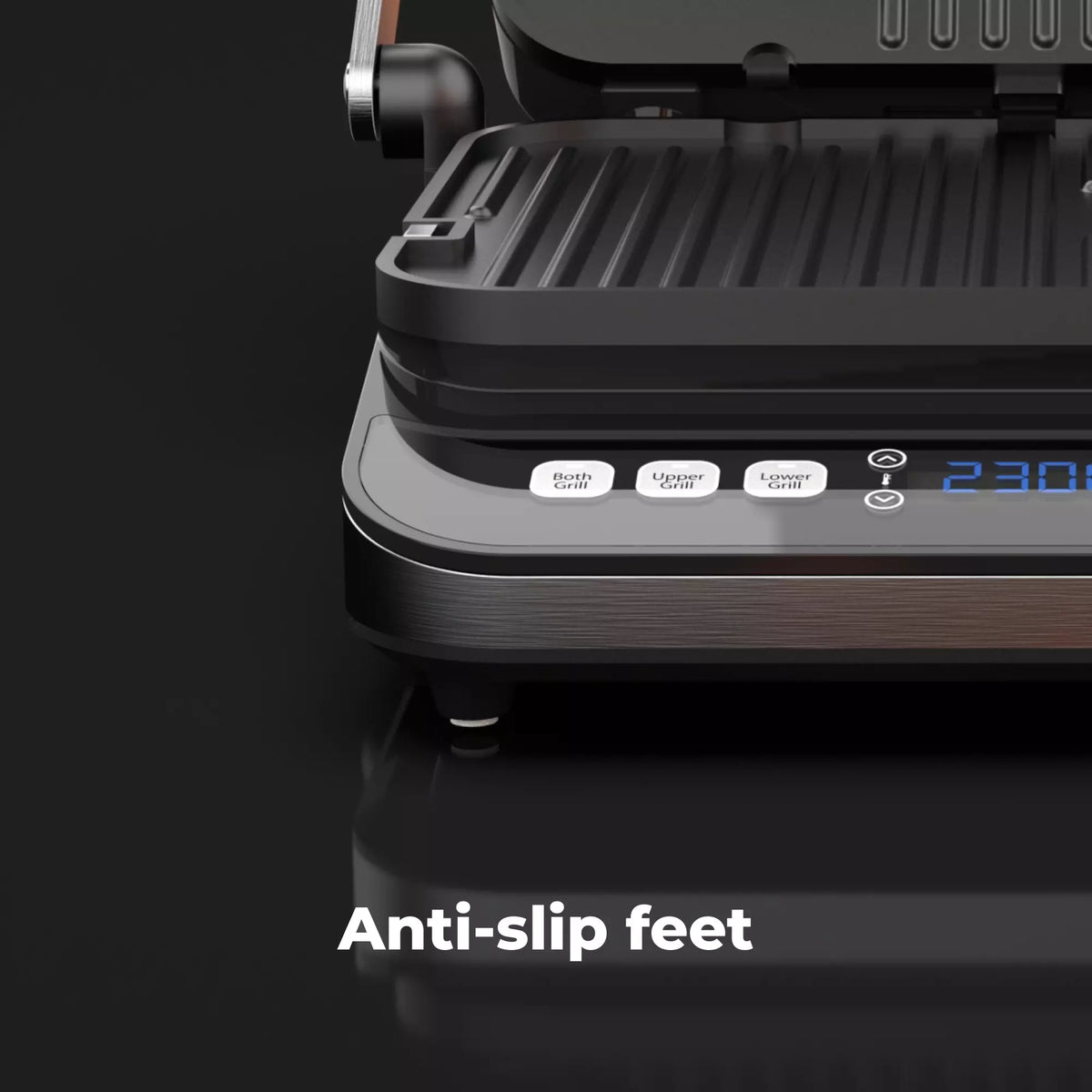 Aeno EG1 Black grill with digital display and control buttons on a black background, featuring 'Anti-slip feet' text.