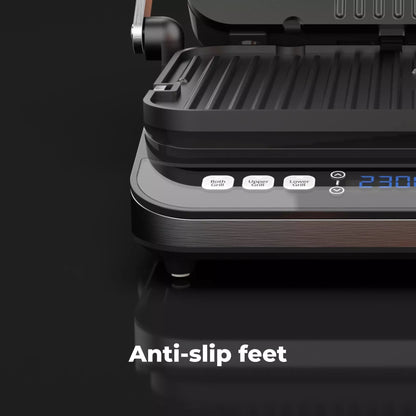 Aeno EG1 Black grill with digital display and control buttons on a black background, featuring 'Anti-slip feet' text.